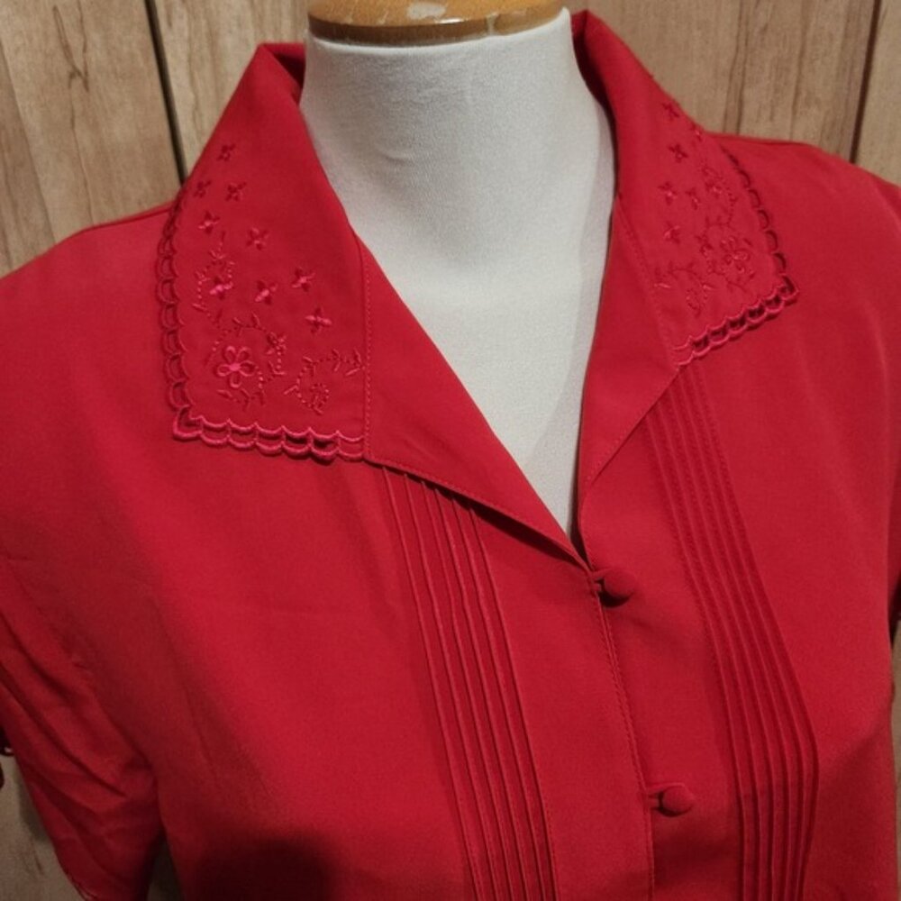 Vintage 80s Claudia Richard Red Embroidered Pintuck Blouse Womens Size 14 - Picture 3 of 7
